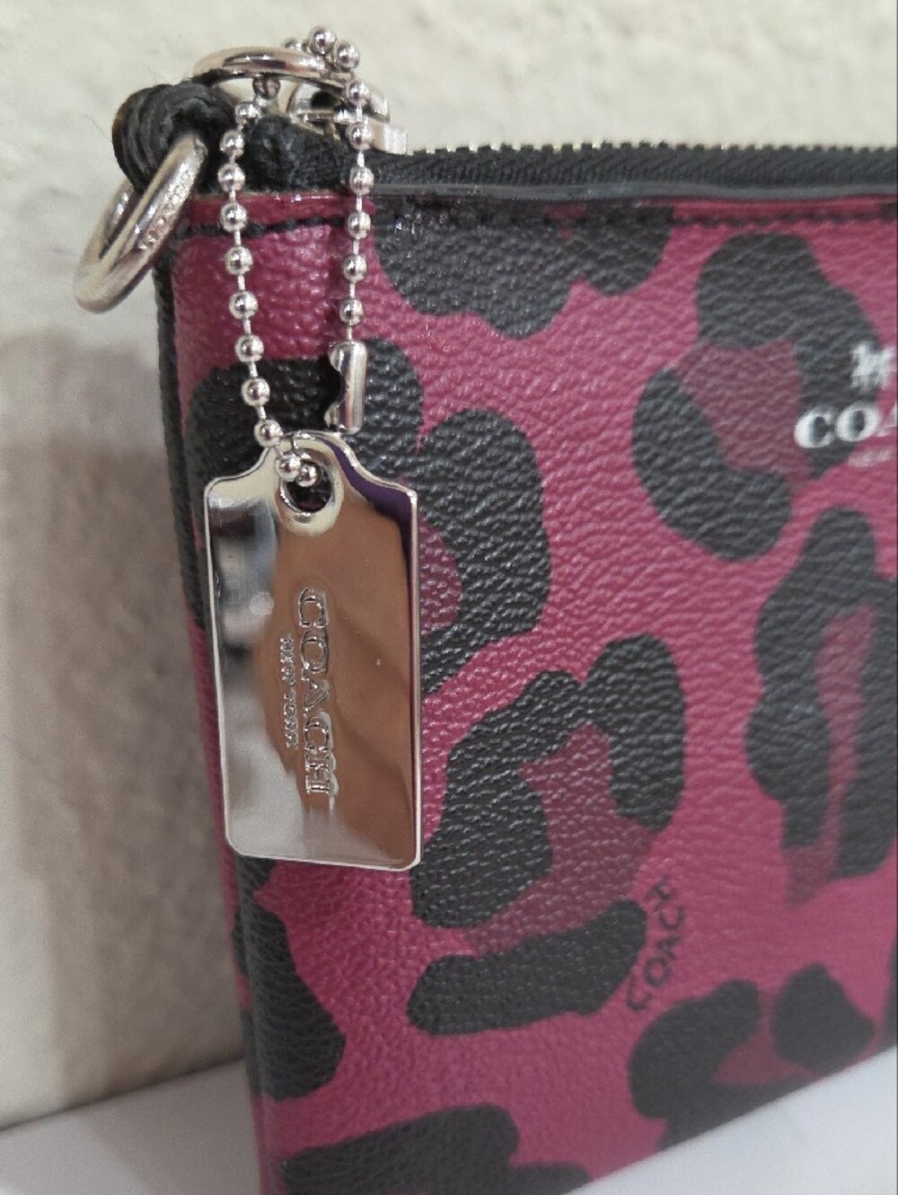 Coach Pink Leopard Print Leather Zip Pouch with Silver Hardware - Picture 2 of 4